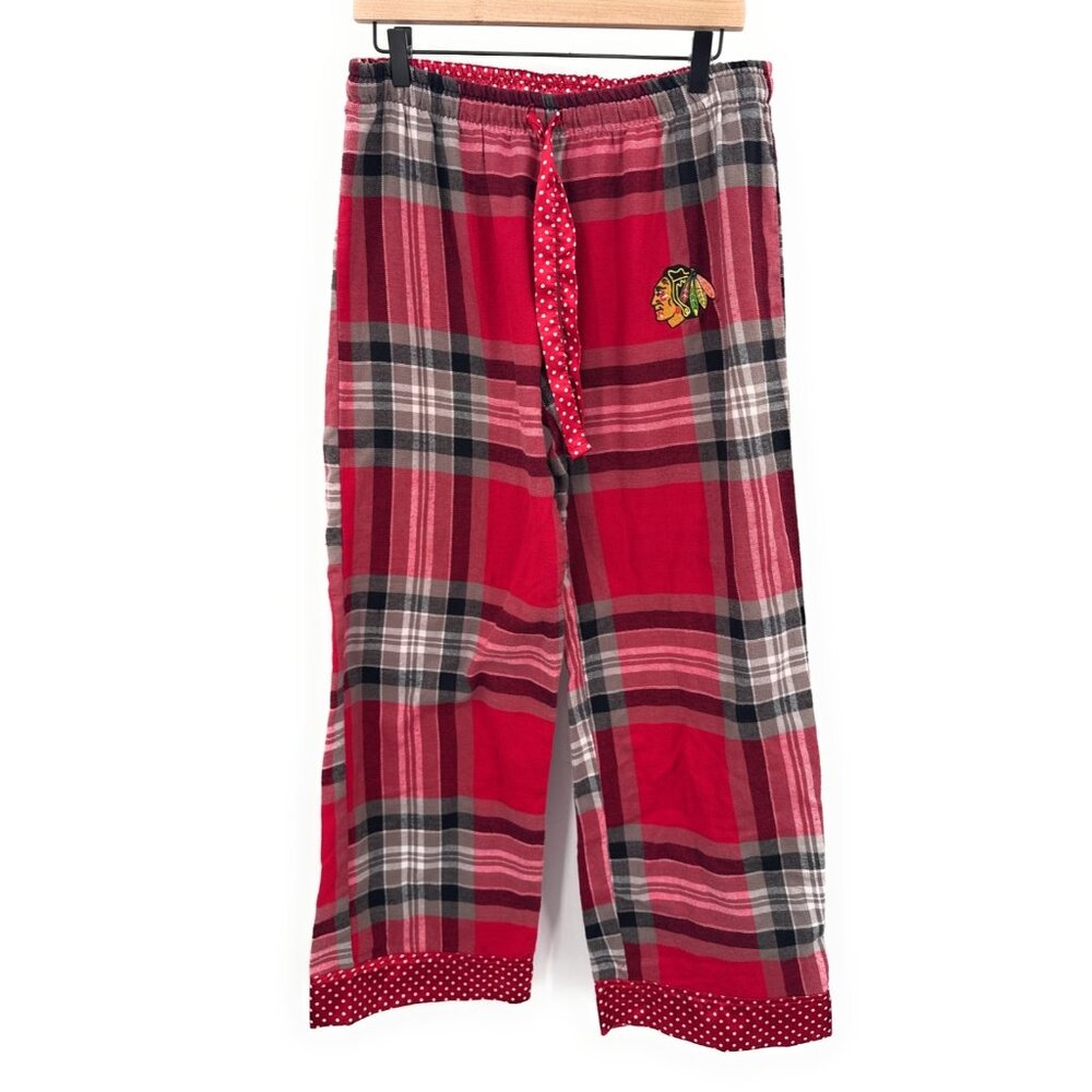 Womens Chicago Blackhawks Cute Red Plaid Embroidered Pajama Flannel Pants‎ Sz L
